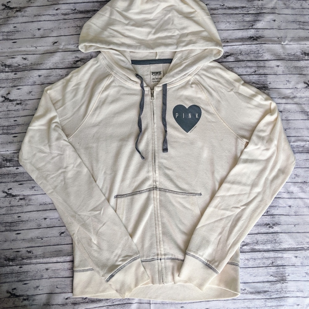 Victoria's Secret PINK Cream White Zip Up Jacket Heart Sz Small LOVE Women